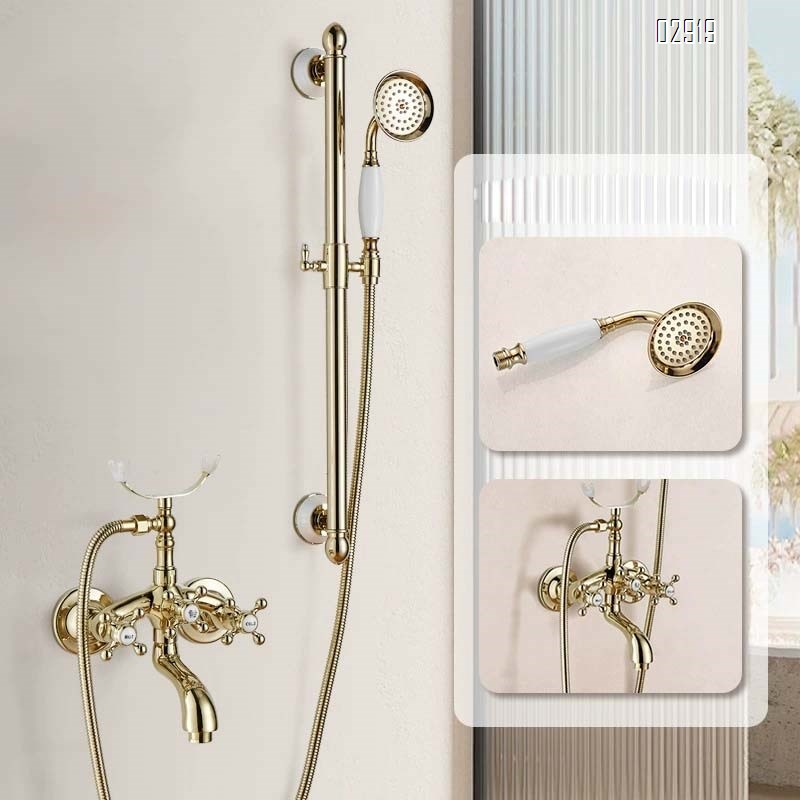 European style Gold brass vintage shower head rose lift rod simple bathtub shower set cold and hot bathroom home use