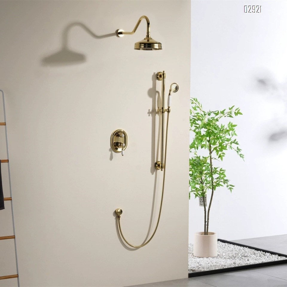 Retro full Brass shower head full set of telescopic rod simple shower head set European concealed installation shower head home use