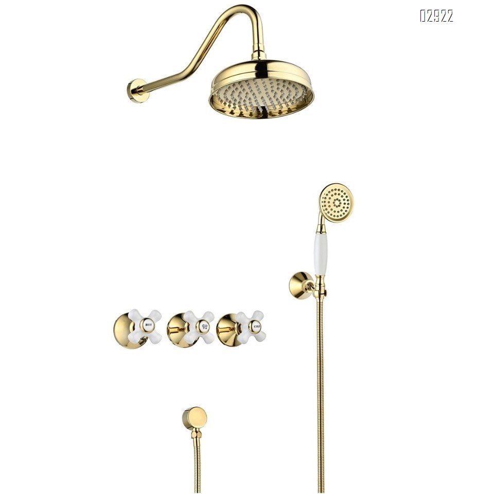 Full Brass French vintage gold dark embedded ceramic handle concealed shower head set