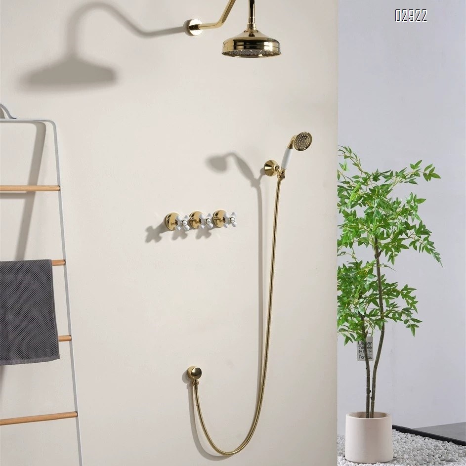 Full Brass French vintage gold dark embedded ceramic handle concealed shower head set
