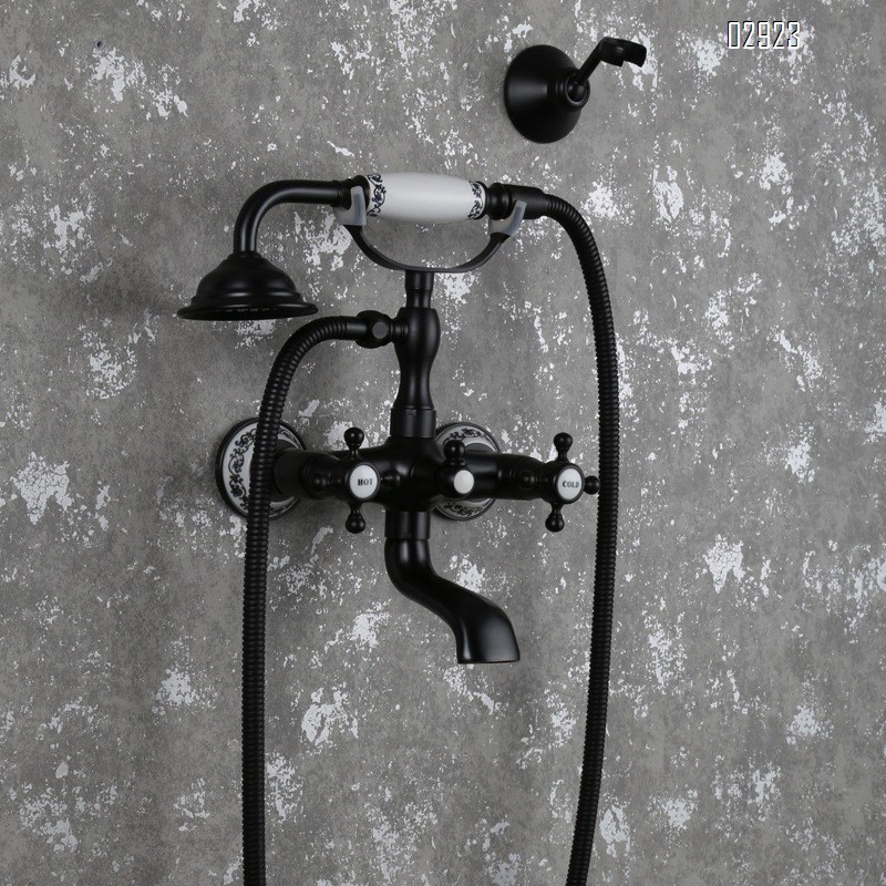 Classic luxury black bronze shower faucet set blue and white porcelain base hand shower with stand