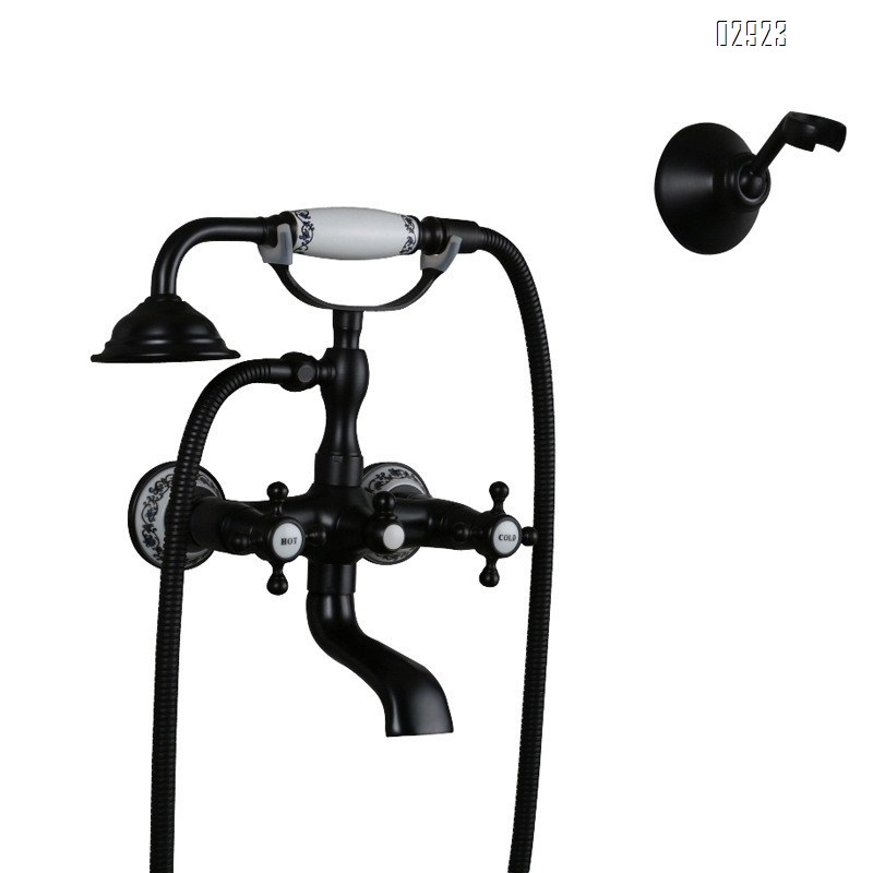 Classic luxury black bronze shower faucet set blue and white porcelain base hand shower with stand