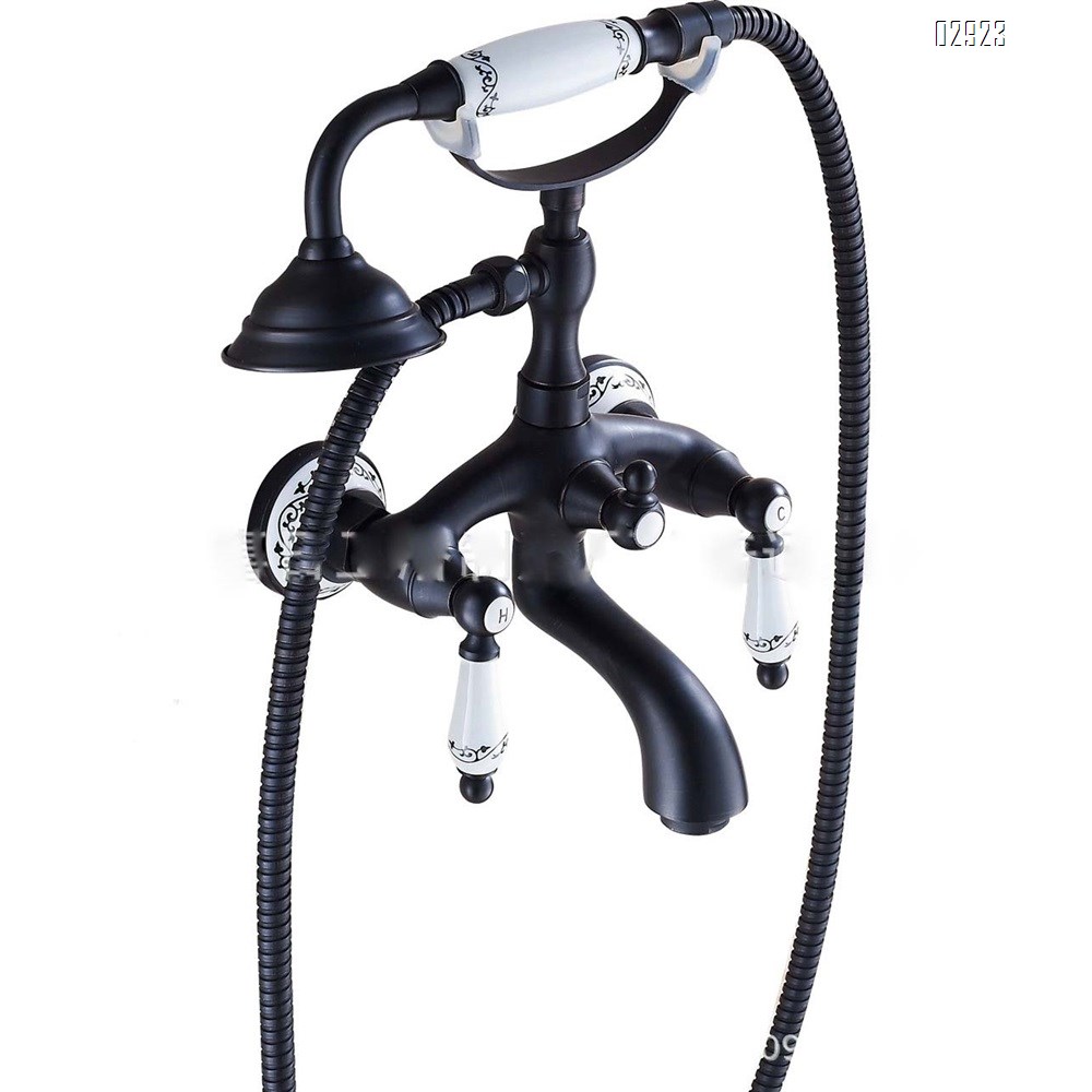 Classic luxury black bronze shower faucet set blue and white porcelain base hand shower with stand