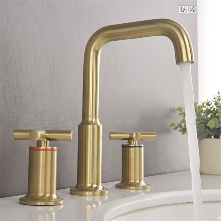 Brushed gold antique split Separate basin faucet with double handle and three holes all Brass cross handle wash basin tap