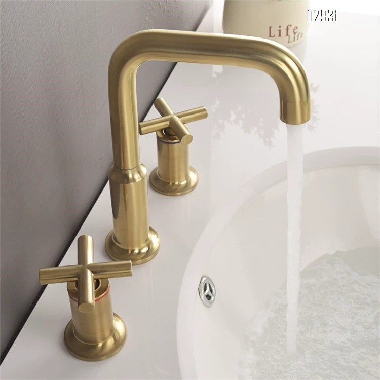 Brushed gold antique split Separate basin faucet with double handle and three holes all Brass cross handle wash basin tap