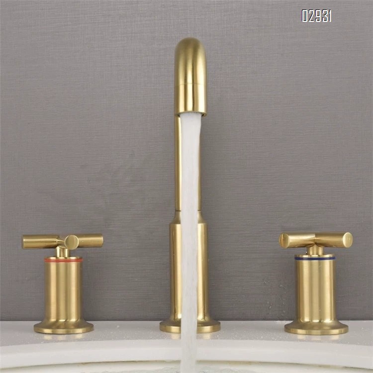 Brushed gold antique split Separate basin faucet with double handle and three holes all Brass cross handle wash basin tap