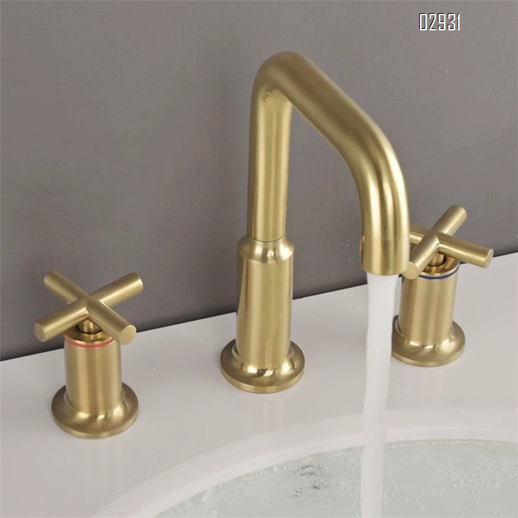 Brushed gold antique split Separate basin faucet with double handle and three holes all Brass cross handle wash basin tap