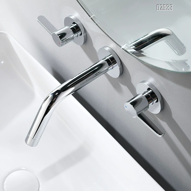 Wall-mounted brass double-handle wash basin faucet for home use with cold and hot water built into the wall of the bathroom