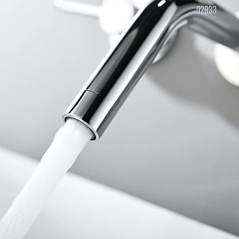Wall-mounted brass double-handle wash basin faucet for home use with cold and hot water built into the wall of the bathroom