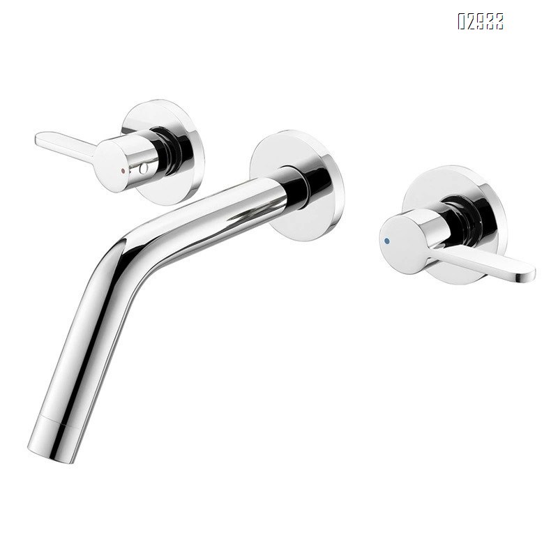 Wall-mounted brass double-handle wash basin faucet for home use with cold and hot water built into the wall of the bathroom