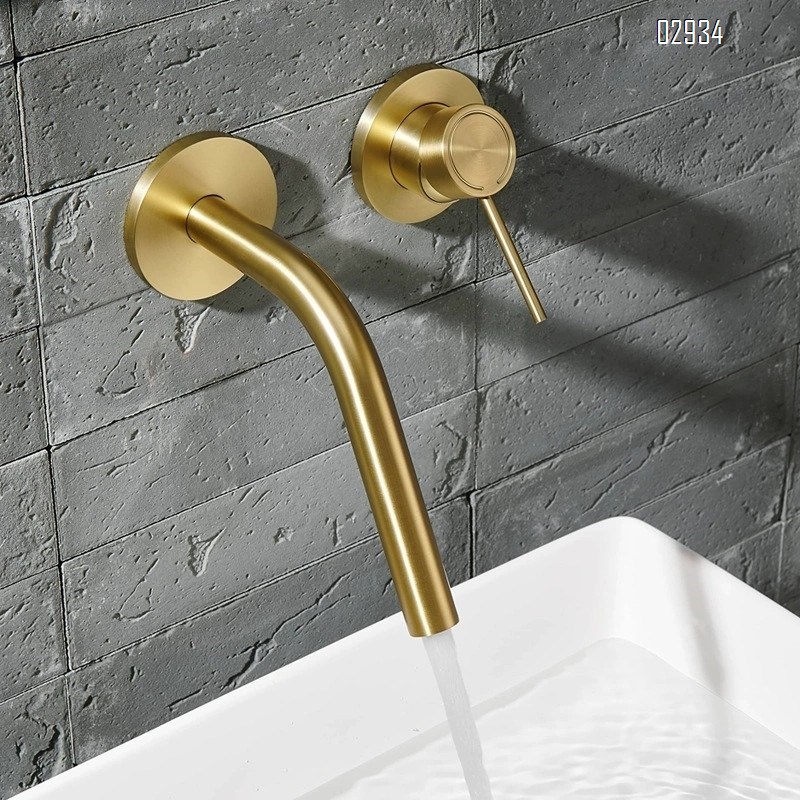 Wall-mounted brass double-handle wash basin faucet for home use with cold and hot water built into the wall of the bathroom