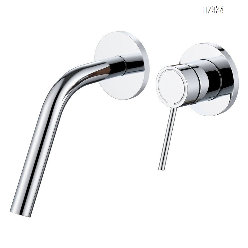 Wall-mounted brass double-handle wash basin faucet for home use with cold and hot water built into the wall of the bathroom