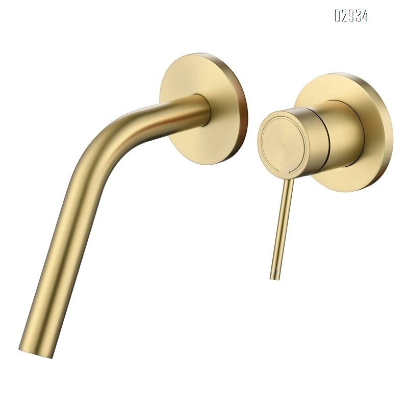Wall-mounted brass double-handle wash basin faucet for home use with cold and hot water built into the wall of the bathroom