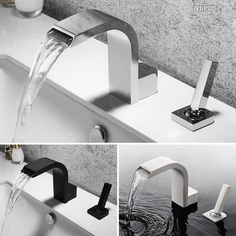 Black wash basin all Brass cold and hot double hole faucet cold and hot waterfall outlet three hole Separate Basin Faucet