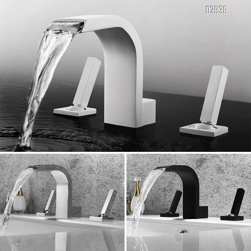 Black wash basin all Brass cold and hot double hole faucet cold and hot waterfall outlet three hole Separate Basin Faucet