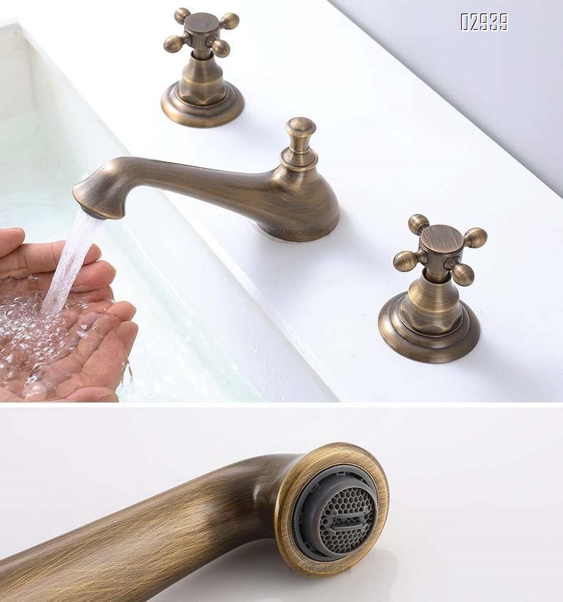 European retro three-hole faucet bathroom cabinet all Brass home bathroom separate antique faucet
