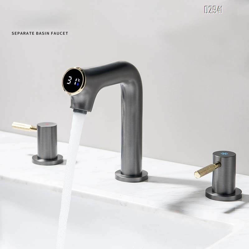 Simple Brass digital display basin faucet vertical cold and hot double switch split three-hole bathroom wash Separate Basin Faucet