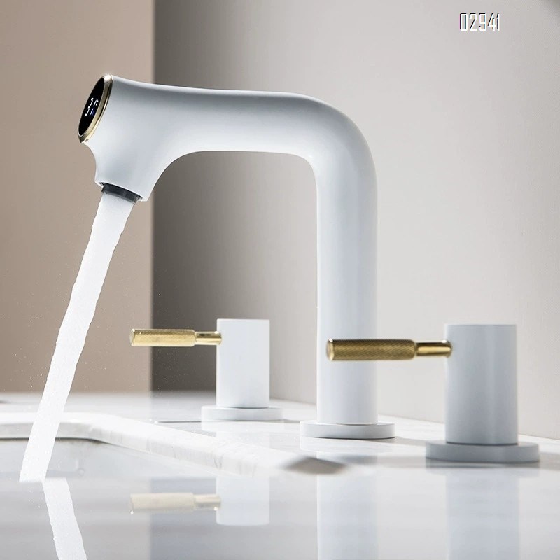 Simple Brass digital display basin faucet vertical cold and hot double switch split three-hole bathroom wash Separate Basin Faucet