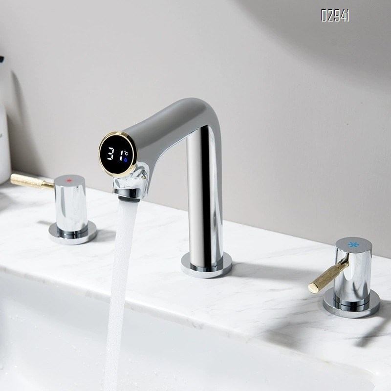 Simple Brass digital display basin faucet vertical cold and hot double switch split three-hole bathroom wash Separate Basin Faucet