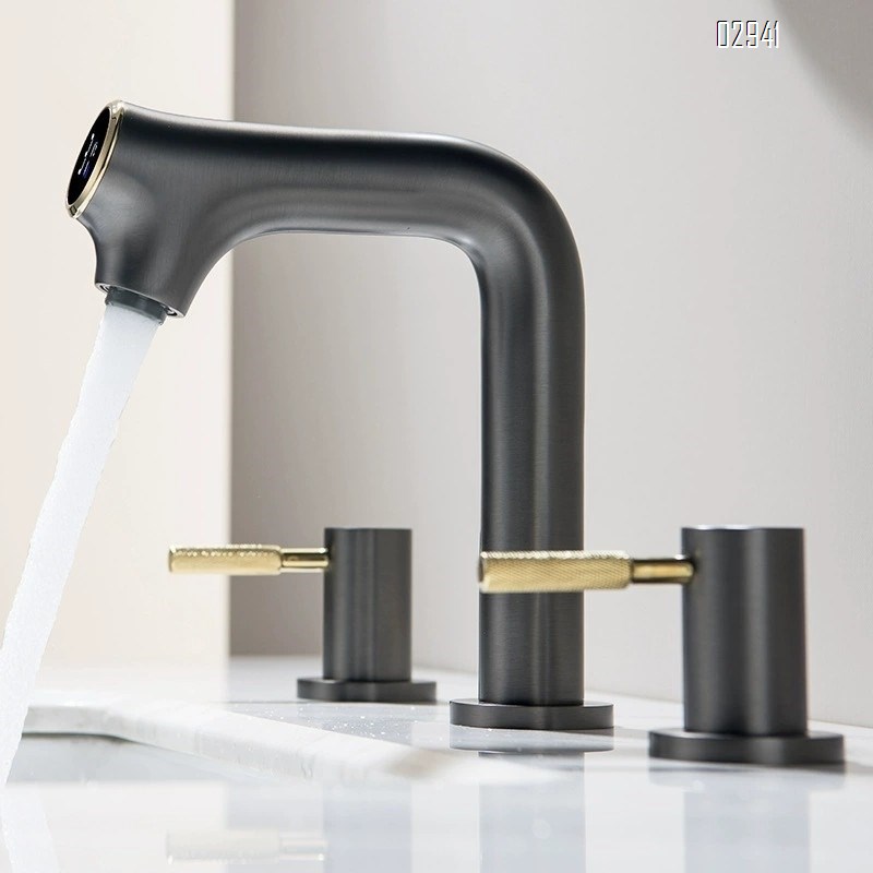 Simple Brass digital display basin faucet vertical cold and hot double switch split three-hole bathroom wash Separate Basin Faucet