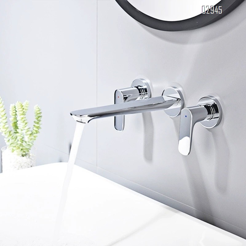 Full Brass concealed double handle faucet built-in wall-mounted home cold and hot water counter top basin tap