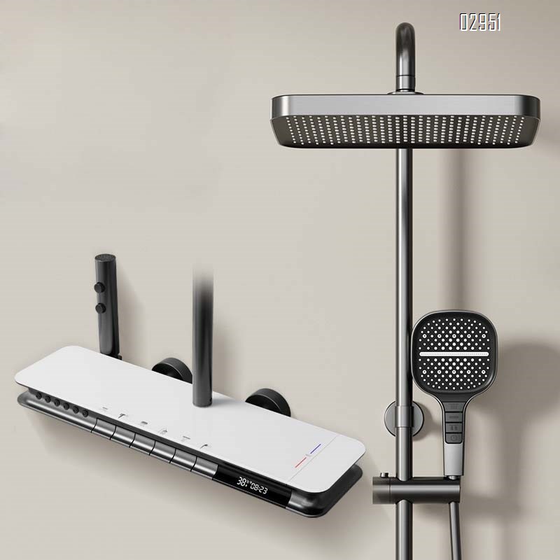 thermostatic Six-function gunmetal gray and white shower head set with top spray waterfall waist spray and digital mood light shower head