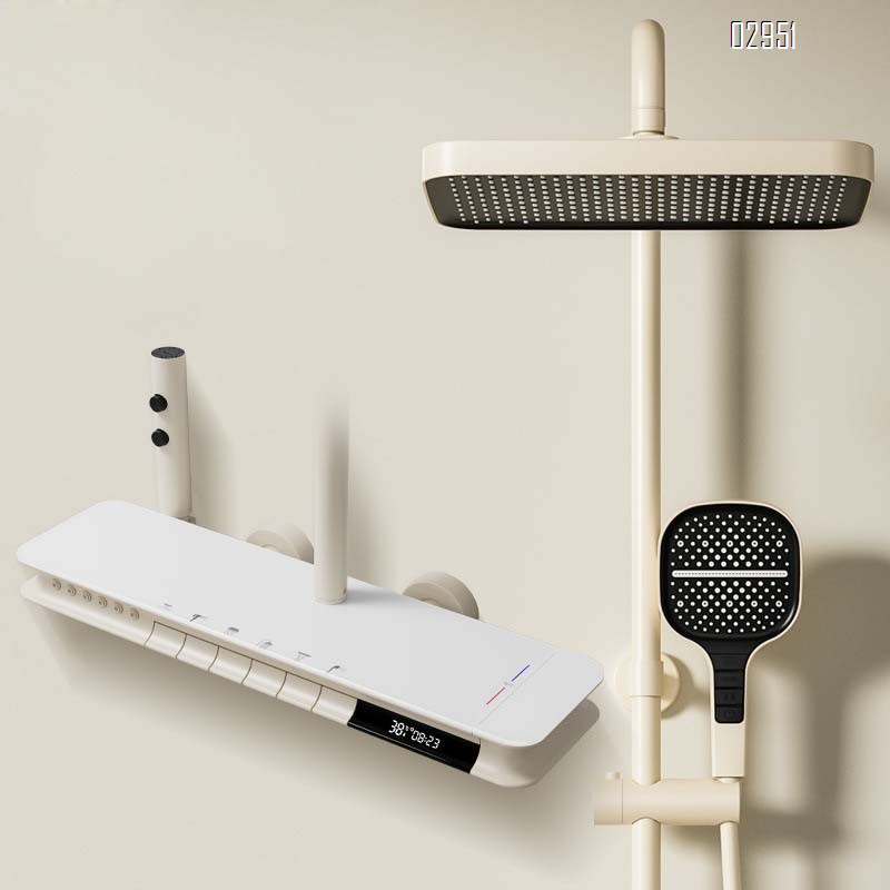 thermostatic Six-function gunmetal gray and white shower head set with top spray waterfall waist spray and digital mood light shower head