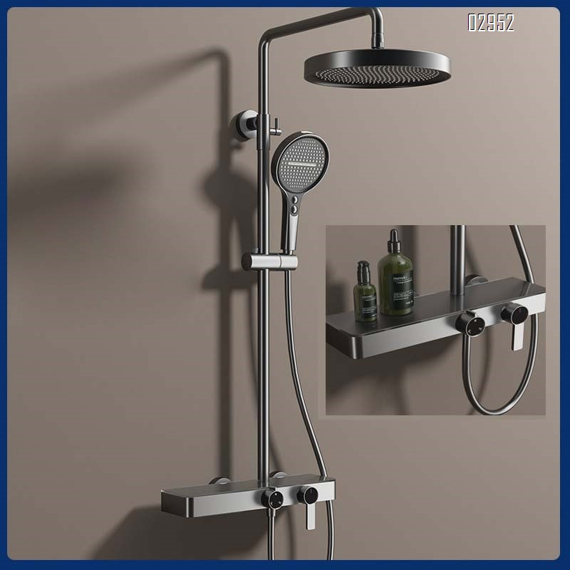 Gunmetal gray new brass storage shelf shower head set knob cold hot simple brushed gold multi-functional
