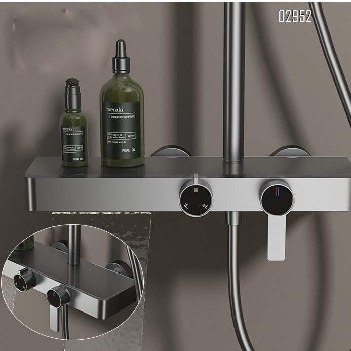 Gunmetal gray new brass storage shelf shower head set knob cold hot simple brushed gold multi-functional