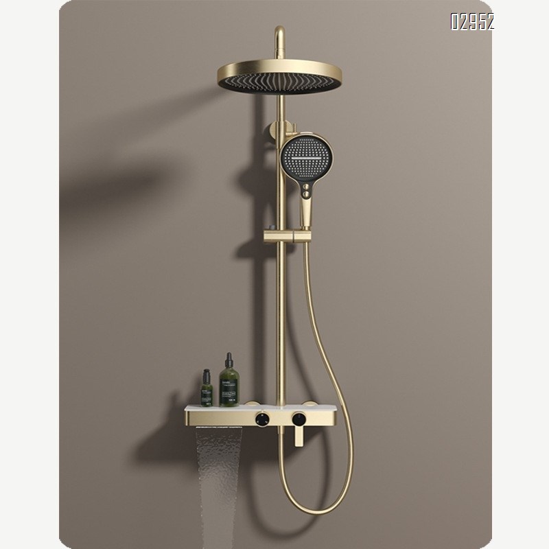 Gunmetal gray new brass storage shelf shower head set knob cold hot simple brushed gold multi-functional