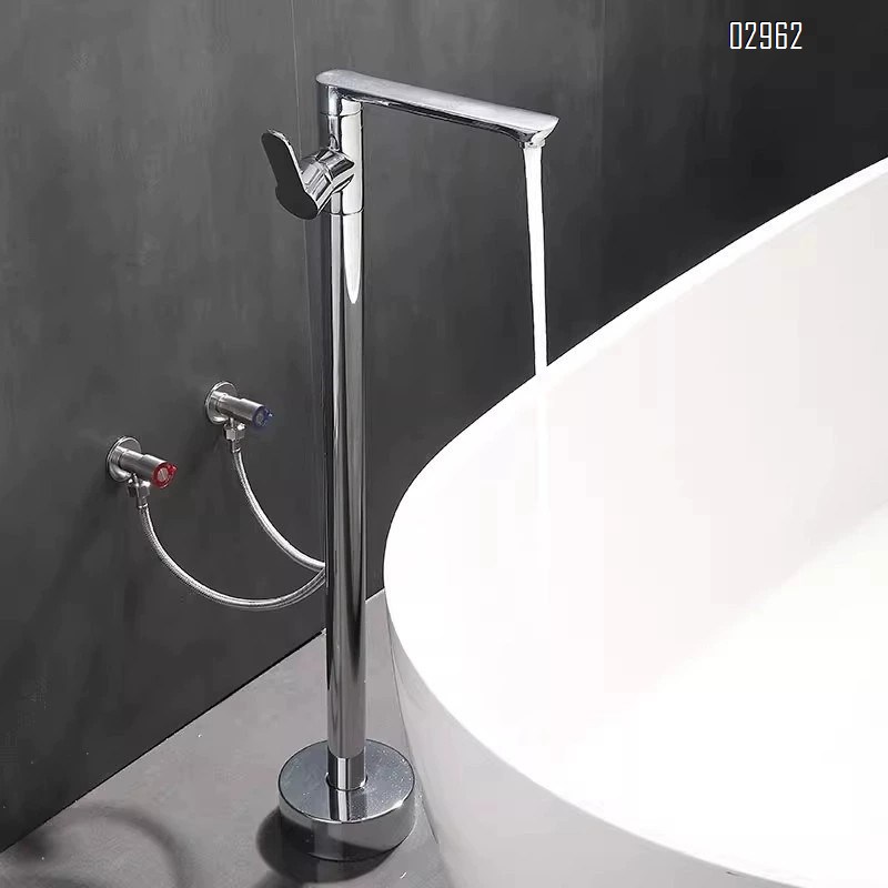 Bathroom floor-standing bathtub faucet bathtub side vertical all-Brass silver-colored high-face basin column high-flow cold and hot control