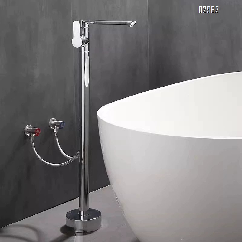 Bathroom floor-standing bathtub faucet bathtub side vertical all-Brass silver-colored high-face basin column high-flow cold and hot control