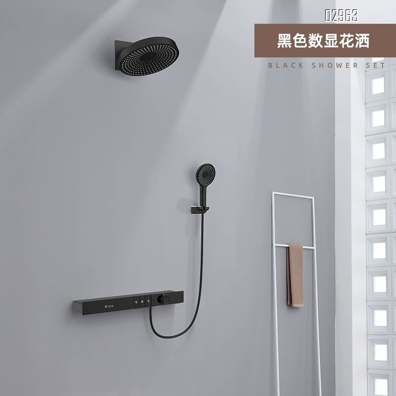 Hotel engineering light luxury built-in wall-mounted constant temperature shower set digital  all-Brass concealed embedded mirror rain storage rack