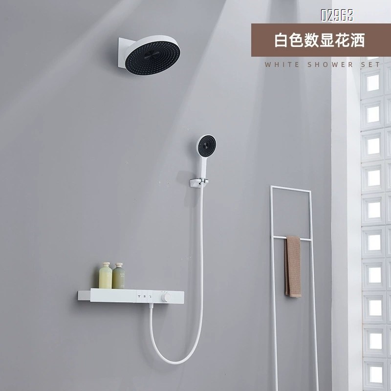 Hotel engineering light luxury built-in wall-mounted constant temperature shower set digital  all-Brass concealed embedded mirror rain storage rack
