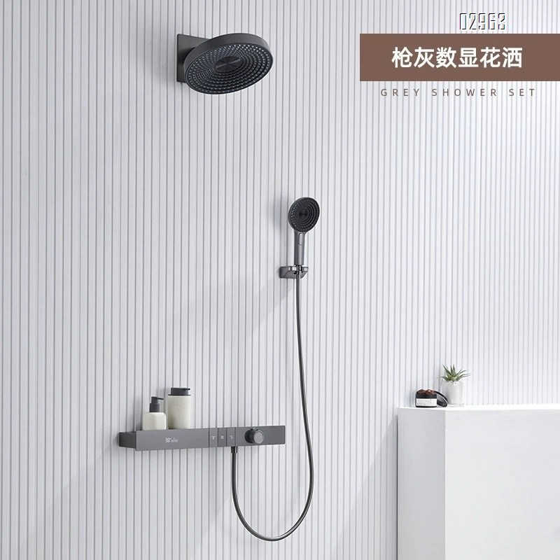 Hotel engineering light luxury built-in wall-mounted constant temperature shower set digital  all-Brass concealed embedded mirror rain storage rack