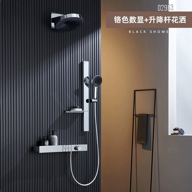 Hotel engineering light luxury built-in wall-mounted constant temperature shower set digital  all-Brass concealed embedded mirror rain storage rack