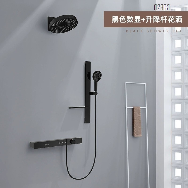 Hotel engineering light luxury built-in wall-mounted constant temperature shower set digital  all-Brass concealed embedded mirror rain storage rack
