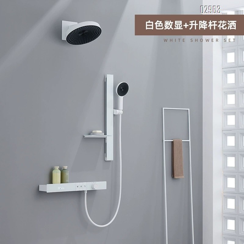 Hotel engineering light luxury built-in wall-mounted constant temperature shower set digital  all-Brass concealed embedded mirror rain storage rack