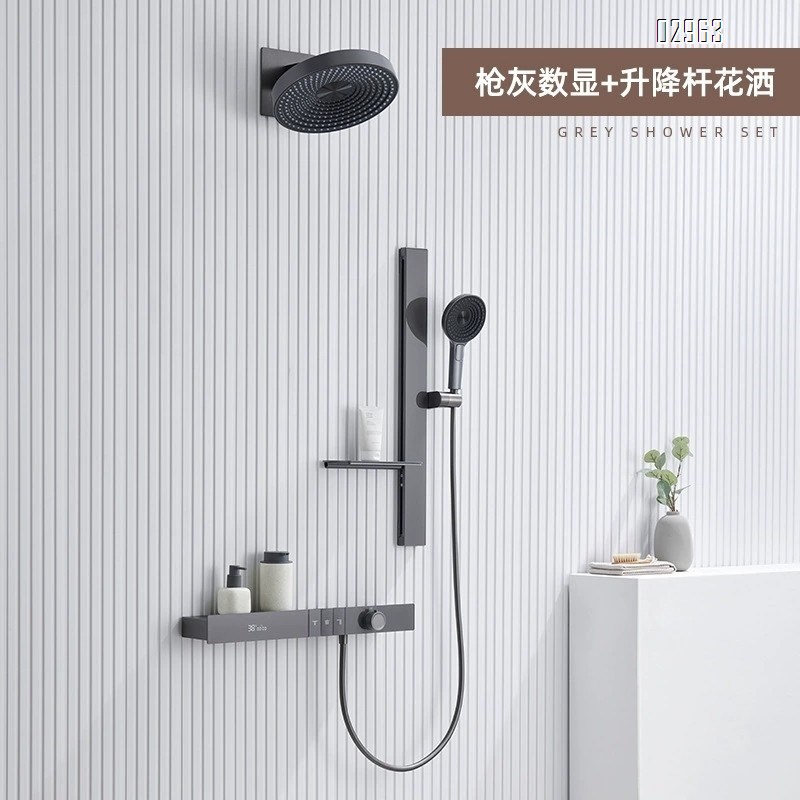 Hotel engineering light luxury built-in wall-mounted constant temperature shower set digital  all-Brass concealed embedded mirror rain storage rack