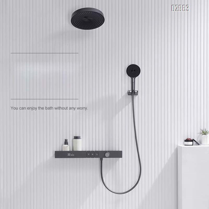 Hotel engineering light luxury built-in wall-mounted constant temperature shower set digital  all-Brass concealed embedded mirror rain storage rack