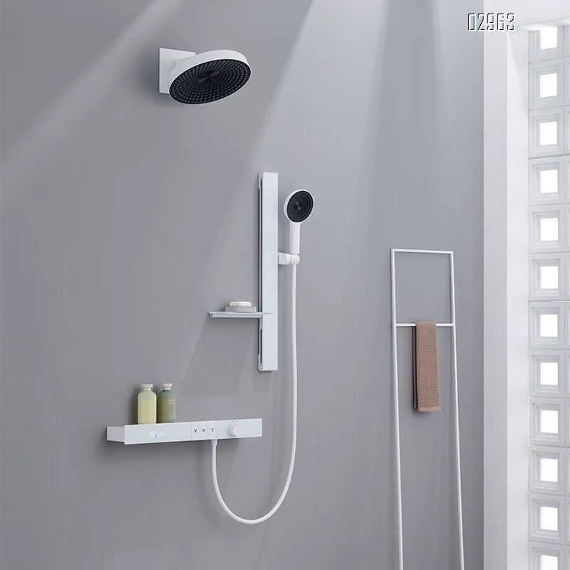 Hotel engineering light luxury built-in wall-mounted constant temperature shower set digital  all-Brass concealed embedded mirror rain storage rack