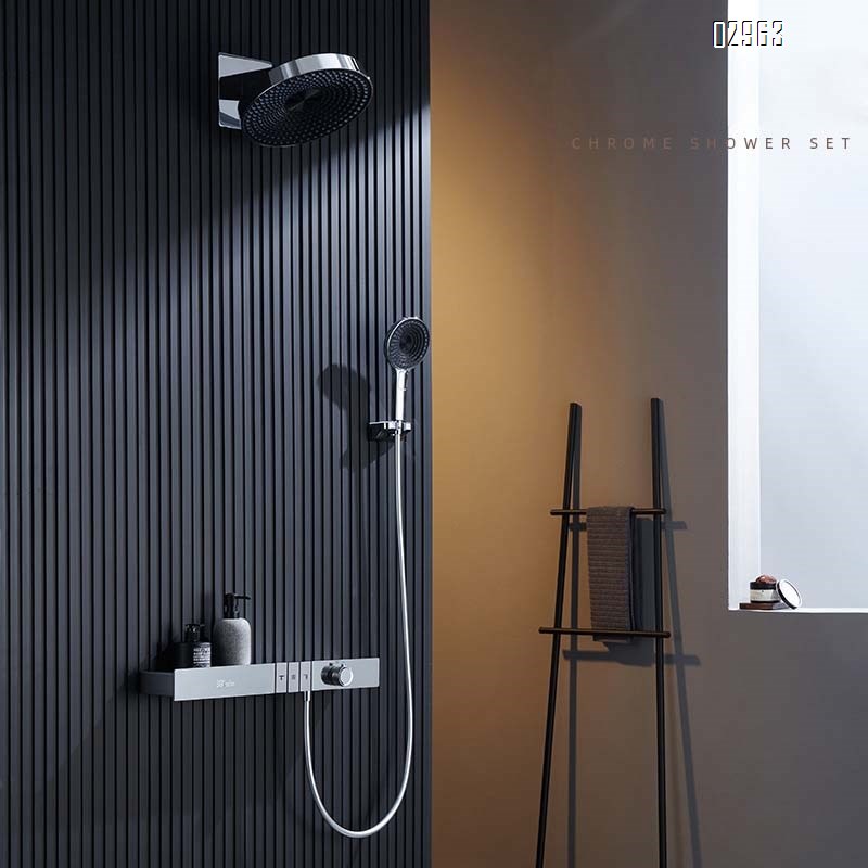 Hotel engineering light luxury built-in wall-mounted constant temperature shower set digital  all-Brass concealed embedded mirror rain storage rack