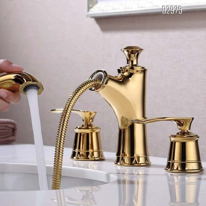 Golden Separate three-hole wash basin faucet titanium gold wash basin pull-out faucet all-Brass cold and hot water faucet