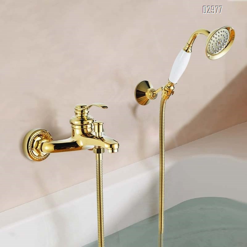 Brass wall-mounted rose gold simple bathtub faucet shower set white ceramic hand spray shower three-way faucet