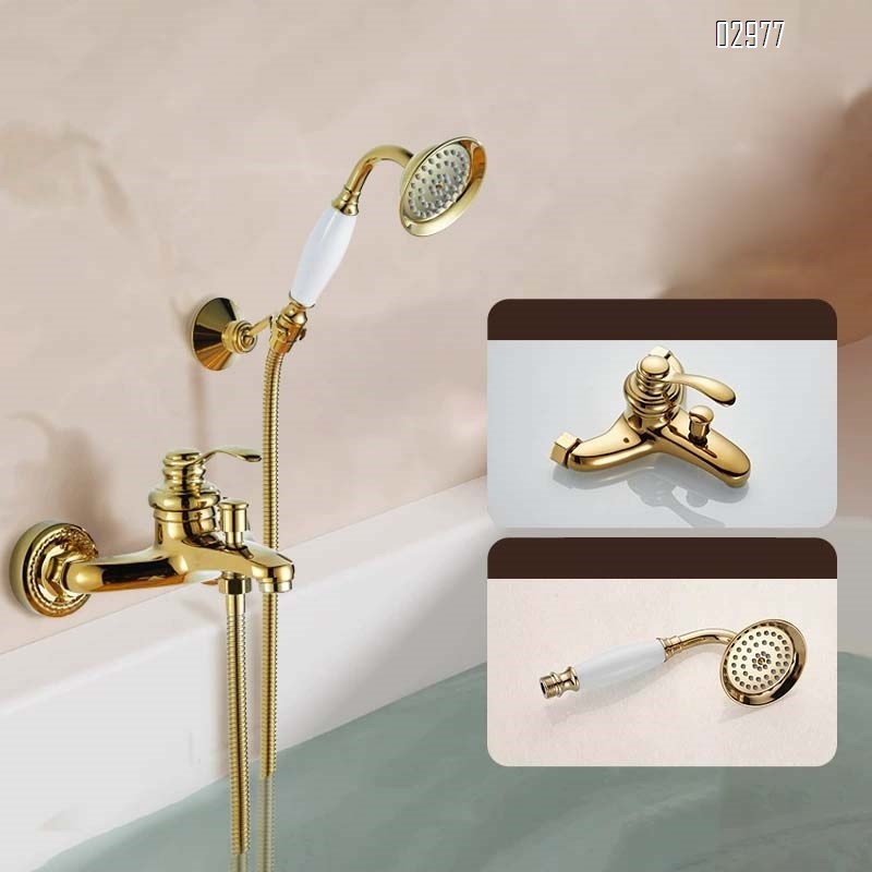 Brass wall-mounted rose gold simple bathtub faucet shower set white ceramic hand spray shower three-way faucet