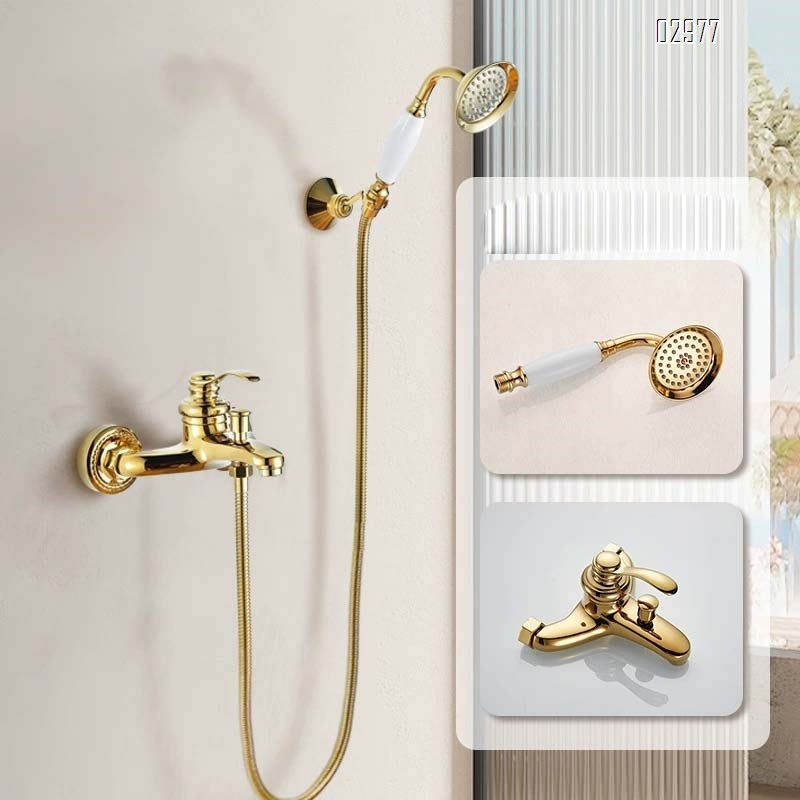 Brass wall-mounted rose gold simple bathtub faucet shower set white ceramic hand spray shower three-way faucet