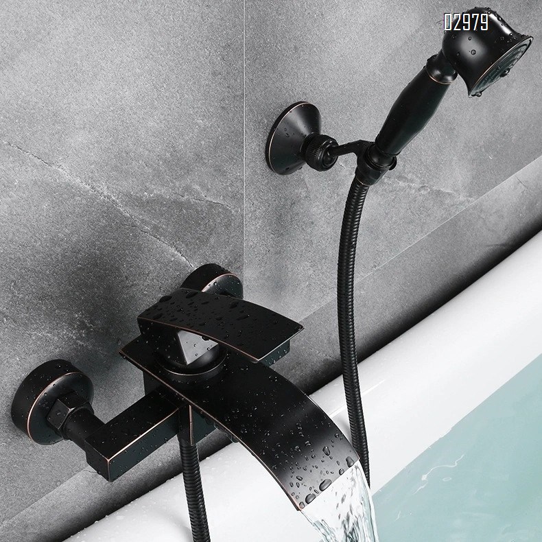 Black Brass antique square double waterfall bath faucet recessed two-hole shower faucet