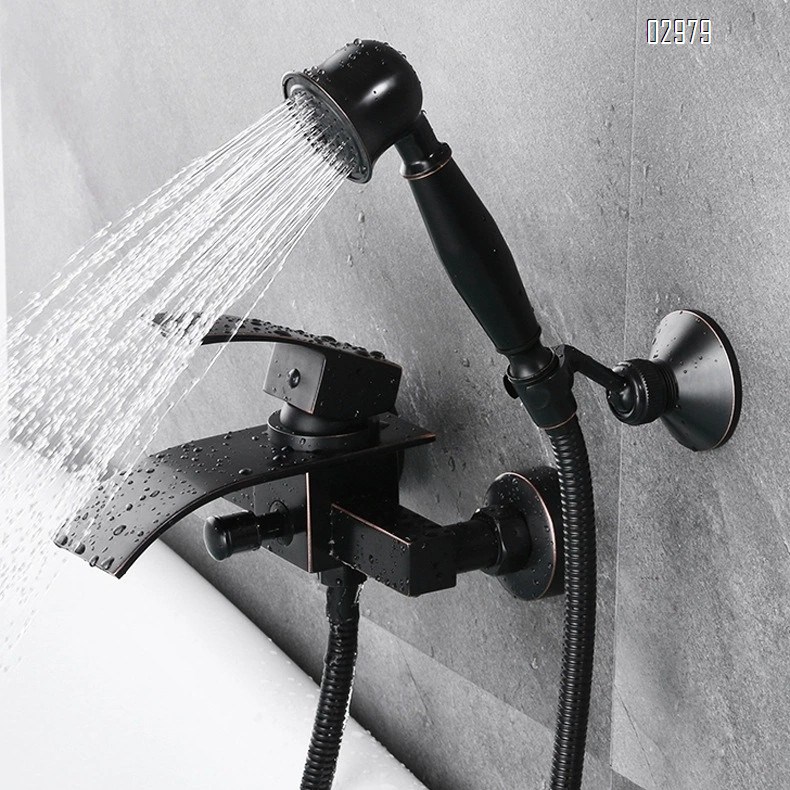 Black Brass antique square double waterfall bath faucet recessed two-hole shower faucet