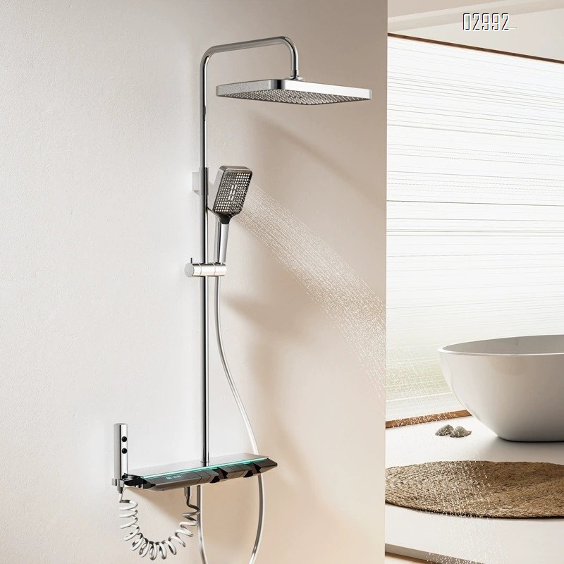 Luxury Brass Shower Head Set with Smart Digital Display for Bathroom Four-Speed Rain Shower with Atmospheric Light