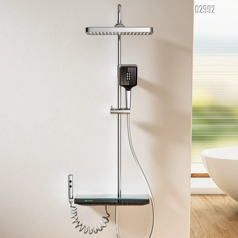 Luxury Brass Shower Head Set with Smart Digital Display for Bathroom Four-Speed Rain Shower with Atmospheric Light